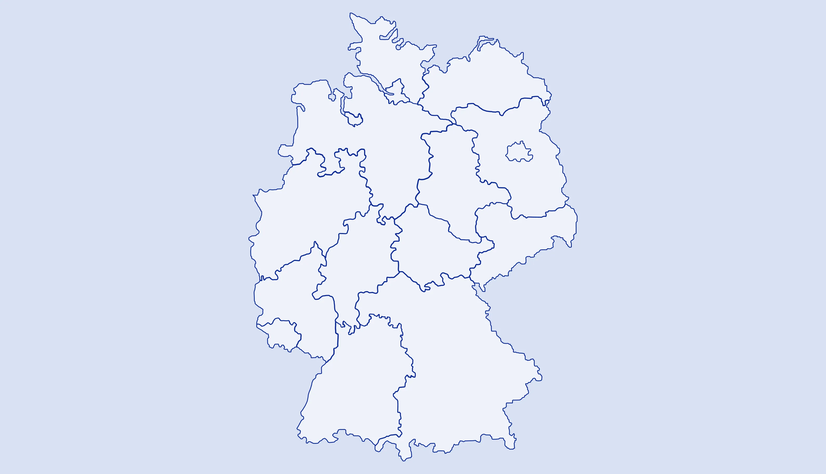 Eine stilisierte Karte von Deutschland mit den Grenzen der 16 Bundesländer.